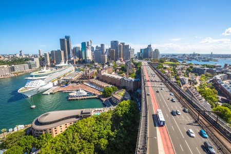 Sydney, Australia - December 29, 2014: City Skyline at Circular Quay. View from the Pylon Lookout located the southern eastern end of the Sydney Harbour Bridge.のeditorial素材