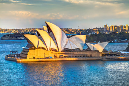 Sydney, New South Wales, Australia - December 29, 2014: Profile of Sydney Opera House at sunset seen from Sydney Harbour Bridgeのeditorial素材