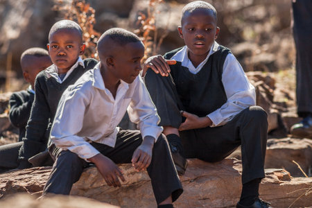 Blyde River Canyon Nature Reserve, South Africa - August 22, 2014: South African children in school uniform smiling.のeditorial素材
