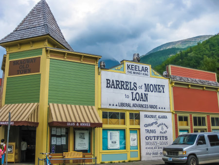 Skagway, Alaska, United States - August 7, 2009: Klondike Gold Rush National Historic Park. Historic buildings are interspersed with new modern buildings. Its streets seem to come from in another age.のeditorial素材