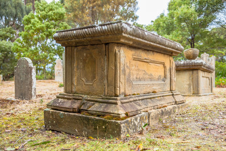 Port Arthur,Tasmania, Australia - January 15, 2015: Old tombstone in the Isle of the Dead hystoric site, used as the graveyard for the penal settlement of Port Arthur from 1833 to 1877のeditorial素材