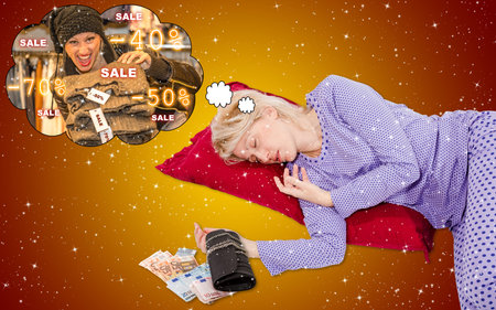 Woman is dreaming the best sales of the season in Christmas Holy Night.
