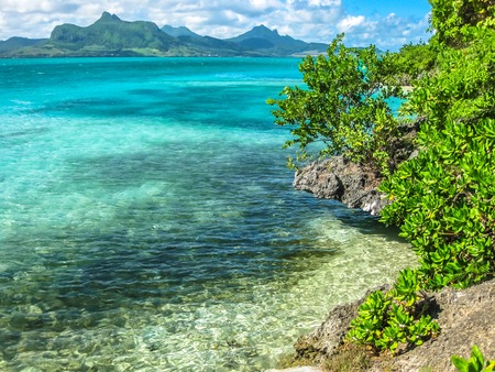 The tropical and transparent waters around the Ile aux Aigrettes, a small coral island declared a nature conservation site. During a boat trip. Mauritius, Indian Ocean.の写真素材