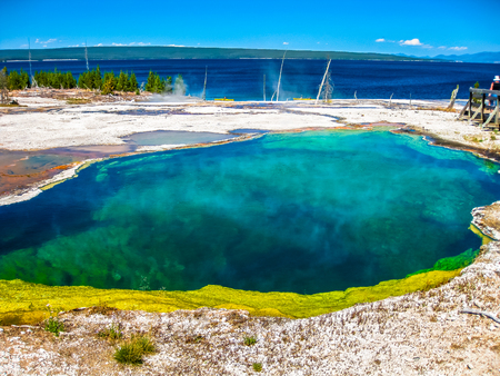 Spectacular colorful Abyss Pool and dead trees in the West Thumb Geyser Basin of Yellowstone National Park, Wyoming, United States.の写真素材