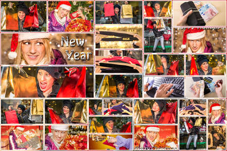Pictures collage of expressions of women with colorful bags and Santa Claus hat making Christmas shopping during the sales, on red background.の写真素材
