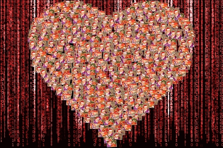 Pictures collage of expressions of women with colorful bags and Santa Claus hat making Christmas shopping during the sales, on red binary code as matrix background.の写真素材