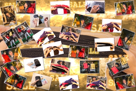 Pictures collage of women expressions with colorful bags making shopping during the sales, on golden Christmas background.の写真素材
