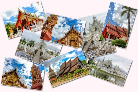 The Buddhist temples collage of several famous locations landmarks of Buddhist temples in the old city of Chiang Mai, Northern Thailand, Asia. Isolated on white background.の写真素材