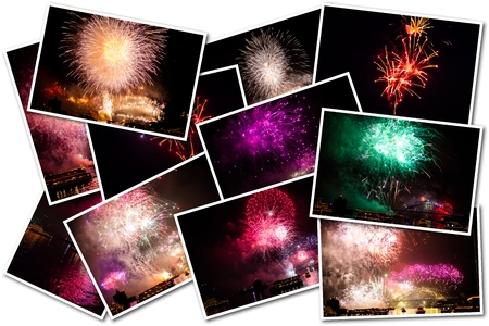 New year eve pictures collage of various colors bursting fireworks at midnight for the new year in Sydney bay, Australia. Isolated on white background.の写真素材