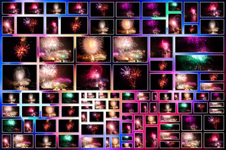 New year eve pictures collage of various colors bursting fireworks at midnight for the new year in Sydney bay, Australia. Background with bokeh defocused lights.の写真素材