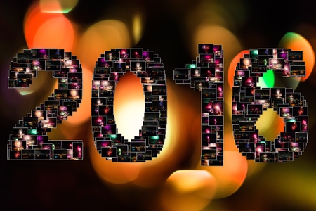 New year eve pictures collage of various colors bursting fireworks at midnight for the new year in Sydney bay, Australia. Background with bokeh defocused lights.の写真素材