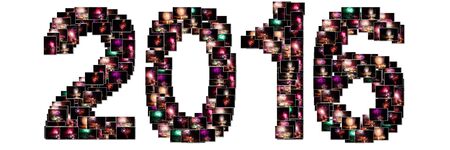 New year eve pictures collage of various colors bursting fireworks at midnight for the new year in Sydney bay, Australia. Isolated on white background.の写真素材