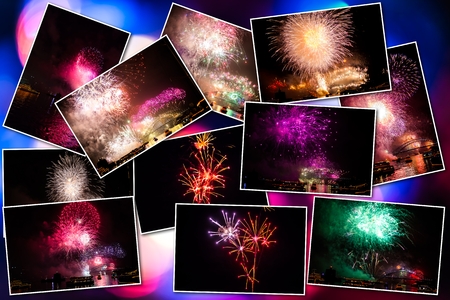 New year eve pictures collage of various colors bursting fireworks at midnight for the new year in Sydney bay, Australia. Background with bokeh defocused lights.の写真素材