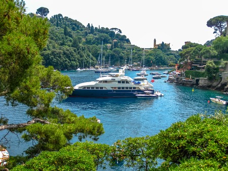A luxury yacht along scenic road between Portofino and Santa Margherita Ligure where you can find some of the most beautiful villas and spectacular overlook. Province of Genoa in Liguria, Italy.の写真素材