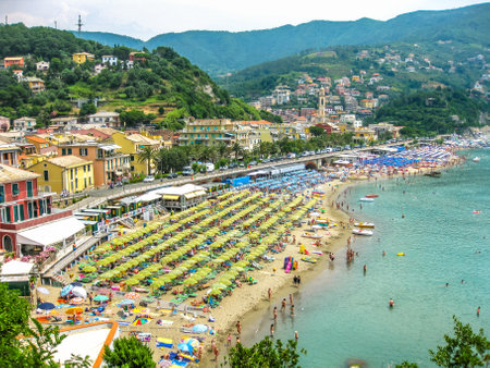 Moneglia, Liguria, Italy - circa June 2010: aerial view of one of popular beaches of the tourist resorts of the Ligurian coast in summer.のeditorial素材