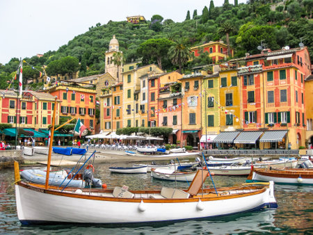 Portofino, Liguria, Italy - circa June 2010: panorama of picturesque harbor and luxurious yachts of Portofino, in the famous vacation resort and italian fishing village, Genoa province , Italy.のeditorial素材