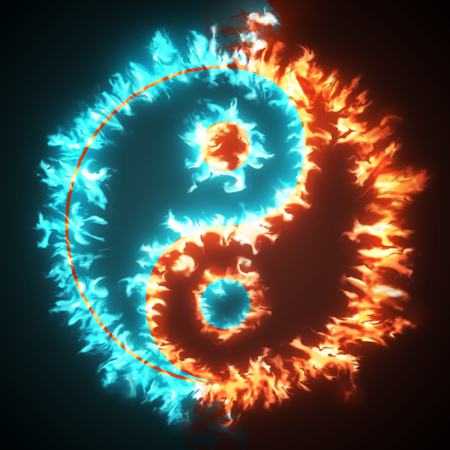 Yin and Yang symbol on red and blue fire. Concepts of: the bad inside the good and the good inside the bad in life, opposites, dark side, good and bad, black background.の写真素材