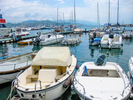 Portovenere, La Spezia, Italy - June 3, 2010: close up of boats and speedboats in the Gulf of Poets in Porto Venere, Cinque Terre National Park, Unesco Heritage.のeditorial素材