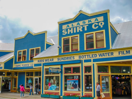 Skagway, Alaska, United States - August 7, 2009: Klondike Gold Rush National Historic Park. Historic buildings are interspersed with new modern buildings. Its streets seem to come from in another age.のeditorial素材