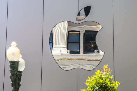 Cupertino, CA, USA - August 15, 2016: Apple sign on the Apple world headquarters at One Infinite...
