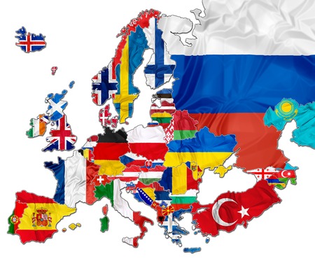 The european national flags in the map of Europe isolated on white background.の写真素材