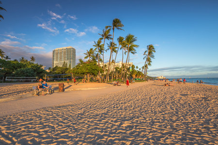 Waikiki, Oahu, HI - August 18, 2016: Fort DeRussy Beach is part of eight sections that make up the popular and long Waikiki Beach in Honolulu.This area of Waikiki is family friendly and more peaceful.のeditorial素材