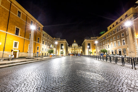 The Conciliazione Road to St. Peter square for from Pia square at night. Vatican City in Rome, Italのeditorial素材