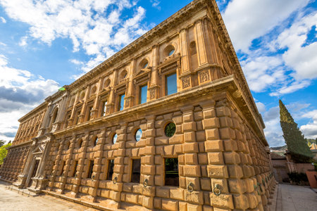 Panoramic view of Charles V Palace, Renaissance building, inside the Alhambra of Granada, a Unesco Heritage in Andalusia, Spain.のeditorial素材
