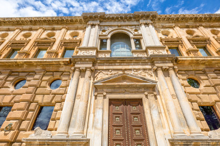 Close up of facade of Charles V Palace, Renaissance building, inside the Alhambra of Granada, a World Heritage Site in Andalusia, Spain.のeditorial素材