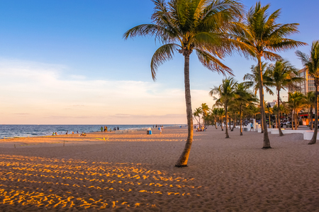 South Beach at sunset, neighborhood of Miami Beach in Florida. South Beach is famous for its tropical sea, the long white beaches and nightlife.の写真素材