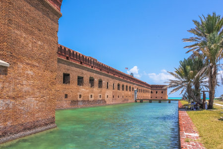 The entrance of Fort Jefferson, a historical military fortress, on Dry Tortugas National Park, Florida, United States. Fort Jefferson and its moat of sea water.のeditorial素材