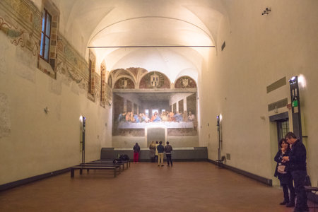 Milan, Italy - November 15, 2016: refectory of church Santa Maria Delle Grazie in Milan in Italy, hosting The Last Supper masterpiece of late 1490s, after restoration. center side point of view.のeditorial素材