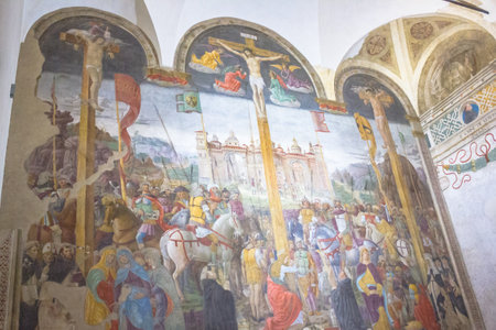 Milan, Italy - November 15, 2016: The Crucifixion painting of Giovanni Donato Montorfano in the Refectory of the church Santa Maria Delle Grazie. lower viewのeditorial素材