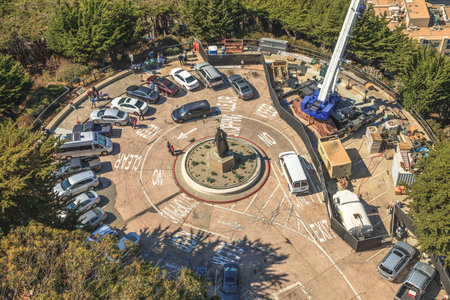 San Francisco, California, United States - August 14, 2016: drone view of statue of Christopher Columbus from the top of Coit Tower and his parking.のeditorial素材