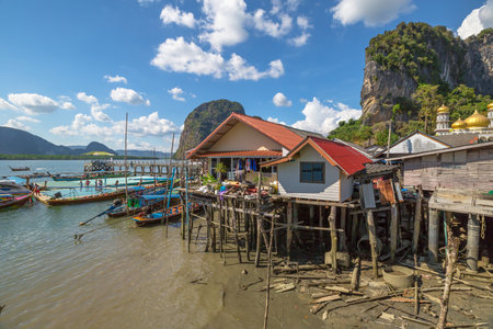 Phang Nga National Park, Krabi, Thailand - January 6, 2016: Historical floating Koh Panyi settlement, also known as Koh Panyee, muslim fishing village built on stilts of Phang Nga Bay, Krabi, Thailandのeditorial素材