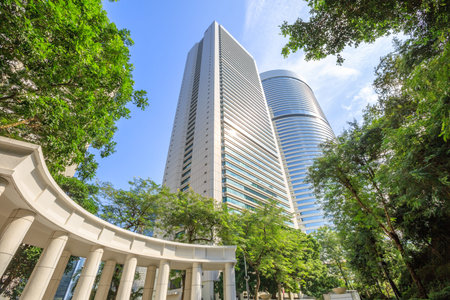 Hong Kong, China - December 7, 2016: Colonnade in Hong Kong Park. Conrad and Pacific Place, the most...