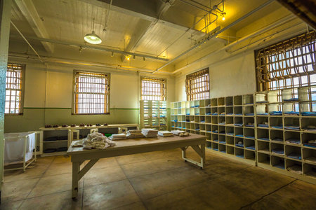 San Francisco, California, United States - August 14, 2016: Alcatraz laundry room with uniforms, linens and blankets. The Alcatraz prison are a popular tourist attraction in San Francisco.のeditorial素材