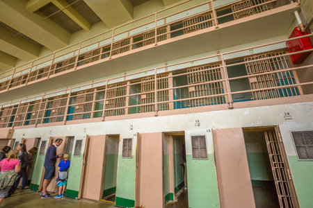 San Francisco, California, United States - August 14, 2016: Alcatraz special cells for solitary confinement, The Hole , punishment for inmates serving a prison sentence. D-Block with isolation cells.のeditorial素材