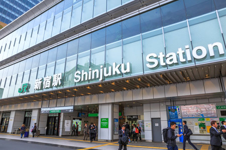 Tokyo, Japan - April 17, 2017: JR Shinjuku Station signboard of the south entrance of Shinjuku train station in Shinjuku District. Shinjuku is one of the largest train stations in Tokyo and Japan.のeditorial素材