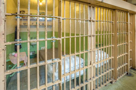 San Francisco, California, United States - August 14, 2016: Alcatraz prison main room with three...