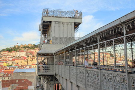 Lisbon, Portugal - August 25, 2017: iron structure of Elevador de Santa Justa also called Carmo Lift and the access deck. The popular elevator, or lift, connecting Baixa district to Igreja do Carmo.のeditorial素材