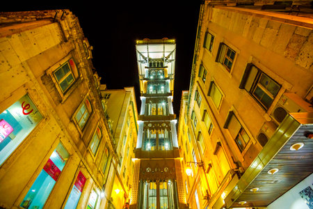 Lisbon, Portugal - August 24, 2017: scenic iron structure of Santa Justa Elevador also called Carmo,...
