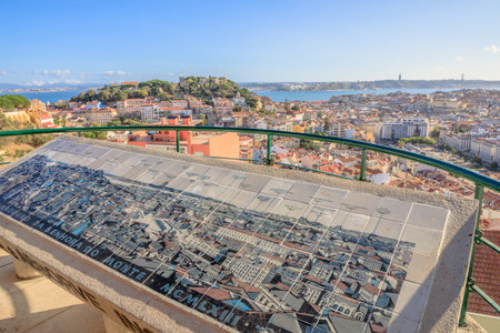 Lisbon, Portugal - August 27, 2017: viewpoint Our Lady of Mt. or Nossa Senhora do Monte, Alfama, the highest point in Lisbon.Sao Jorge Castle, 25 April Bridge, Cristo Rei and Tagus River on backgroundのeditorial素材