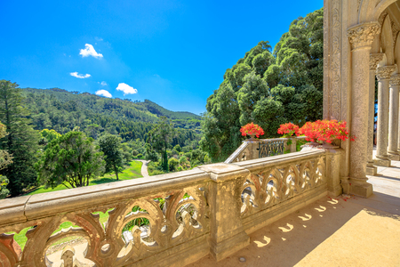 Aerial view of botanical garden of Monserrate Palace on hill above Sintra, Portugal in beautiful sunny day. Palacio de Monserrate is the summer resort of the Portuguese court.の写真素材