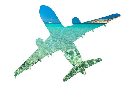 Escape to tropics. Pictures of a turquoise Caribbean sea on a silhouette of plane, isolated on white background with copy space. Side view. Tourism, travel and holidays concept.の写真素材