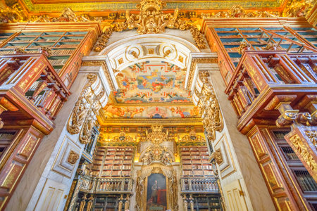 Coimbra, Portugal - August 14, 2017: University library in Coimbra, the Europes oldest university founded in 1290. Unesco World Heritage Site and most important tourist attraction in Upper Coimbra.のeditorial素材