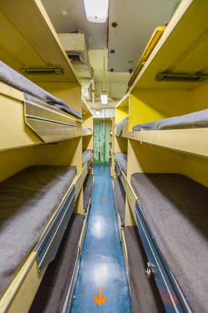 HONOLULU, OAHU, HAWAII, USA - AUGUST 21, 2016: sailors dormitory with personal belongings closets and cots of Battleship Missouri at Pearl Harbor, a military Hawaiian port in Oahu island.のeditorial素材