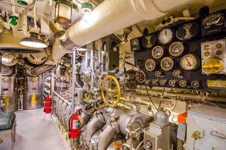 HONOLULU, OAHU, HAWAII, USA - AUGUST 21, 2016: engine room hall of USS Bowfin Submarine SS-287 at Pearl Harbor. Historic Landmark of the Japanese attack in WW II.のeditorial素材