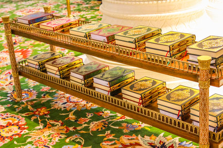 Abu Dhabi, United Arab Emirates - April 22, 2013: Closeup of Quran books in the Sheikh Zayed Grand Mosque. Islamic culture and Muslim religious concept.のeditorial素材