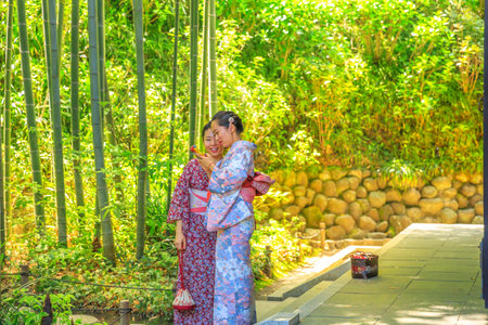 Kamakura, Japan - April 23, 2017: Japanese women wearing traditional kimono look at smartphone at forest of bamboo in Hase-dera Temple or Hase-kannon in Kamakura. Meditative and buddhism concept.のeditorial素材